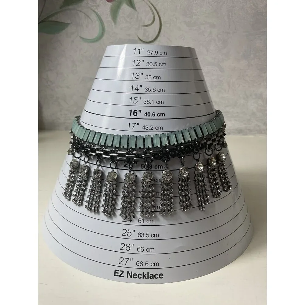 Statement Necklace With Mint Green & Rhinestone Tassels Black Metal Chain - Picture 4 of 4